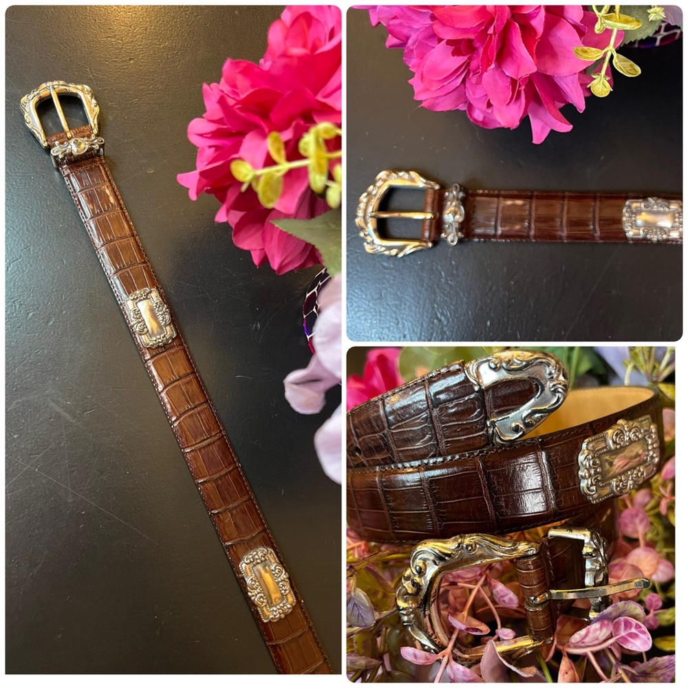 Enmon Vintage Italian Leather Brown & Silver Tone Scroll Concho‎ Moc Croc Belt L
